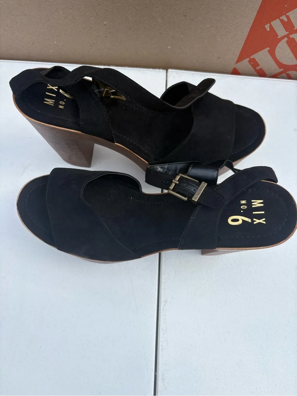 Mix No. 6 Black suede platform heels with wooden heel and ankle strap Size 10